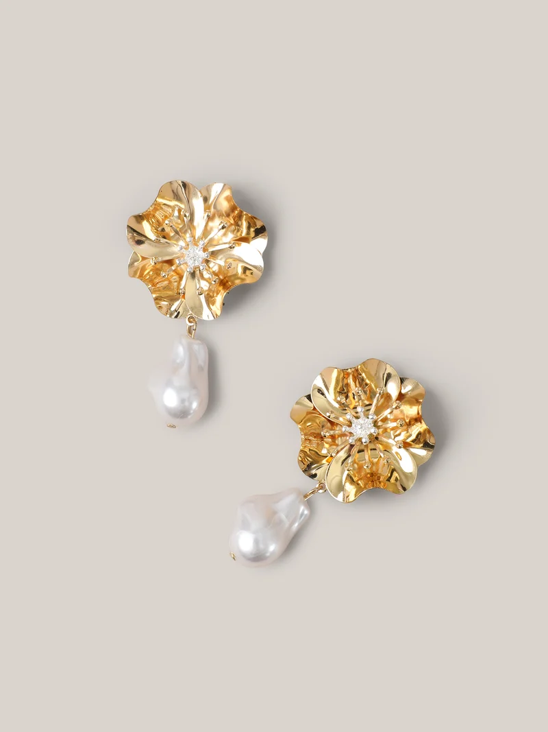 Metallic Gold-Tone Flower Drop Earrings
