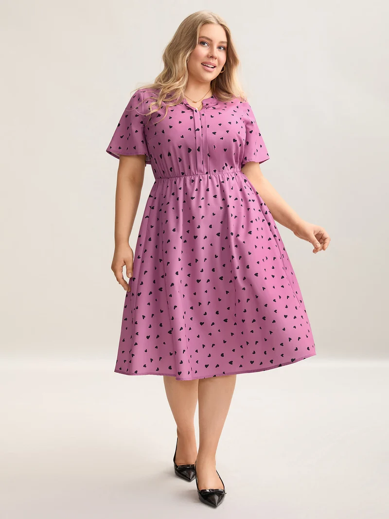 Ruffled Sleeve Printed Pockets Midi Dress