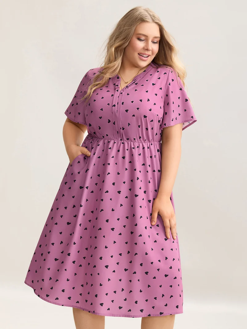Ruffled Sleeve Printed Pockets Midi Dress