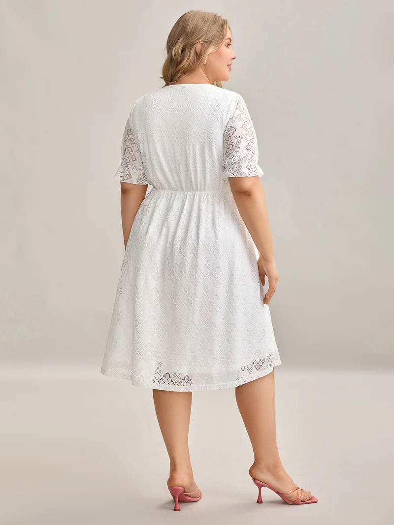 Textured Ruffled Sleeve Pockets Midi Dress