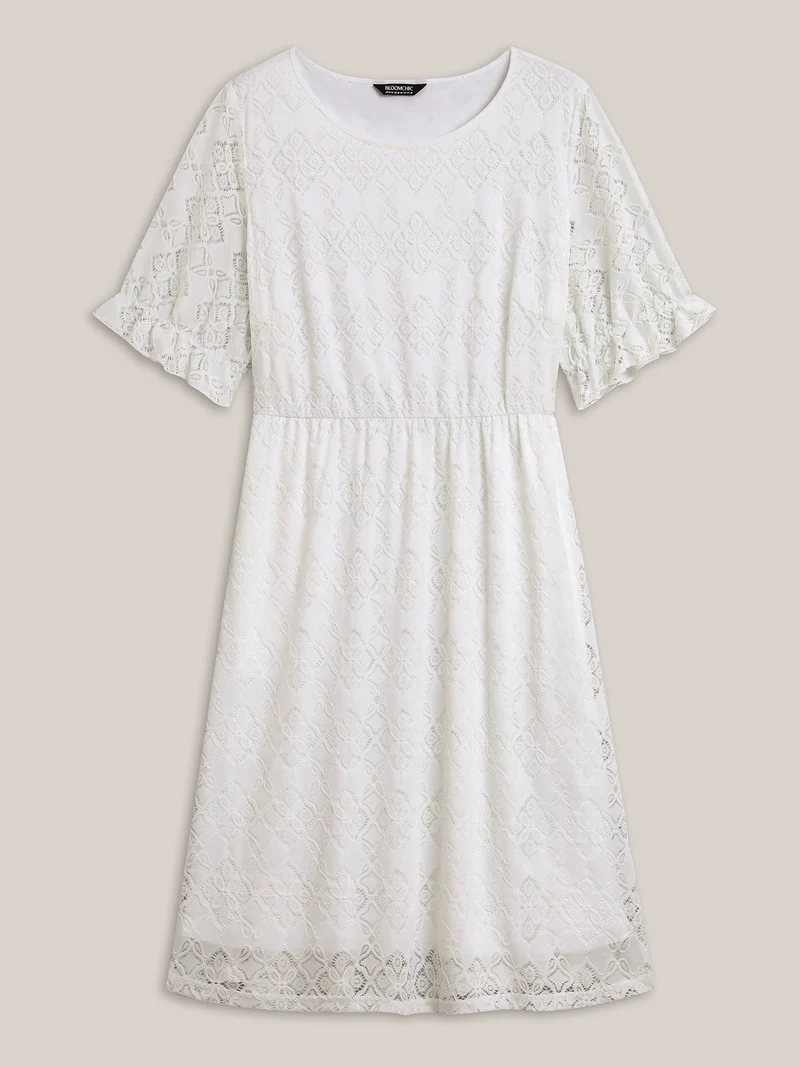 Textured Ruffled Sleeve Pockets Midi Dress