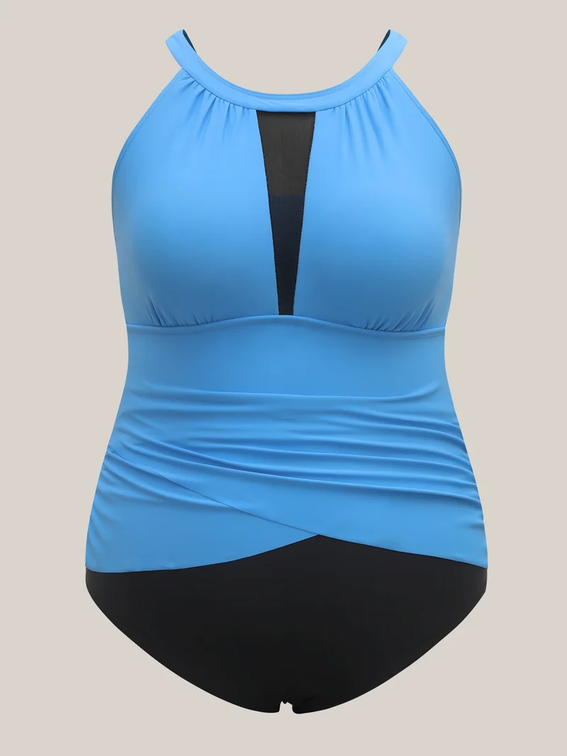 Spliced Color Block Ruched One-Piece Swimsuit