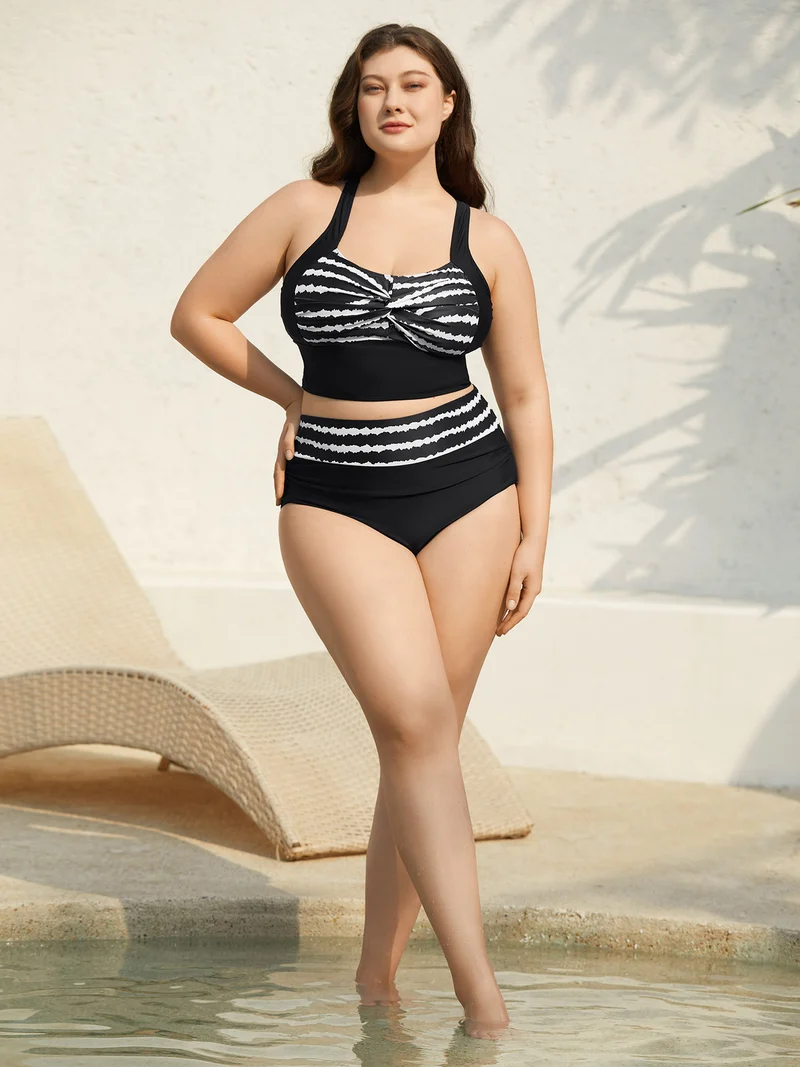 Striped Waist Pleated Swim Bottoms