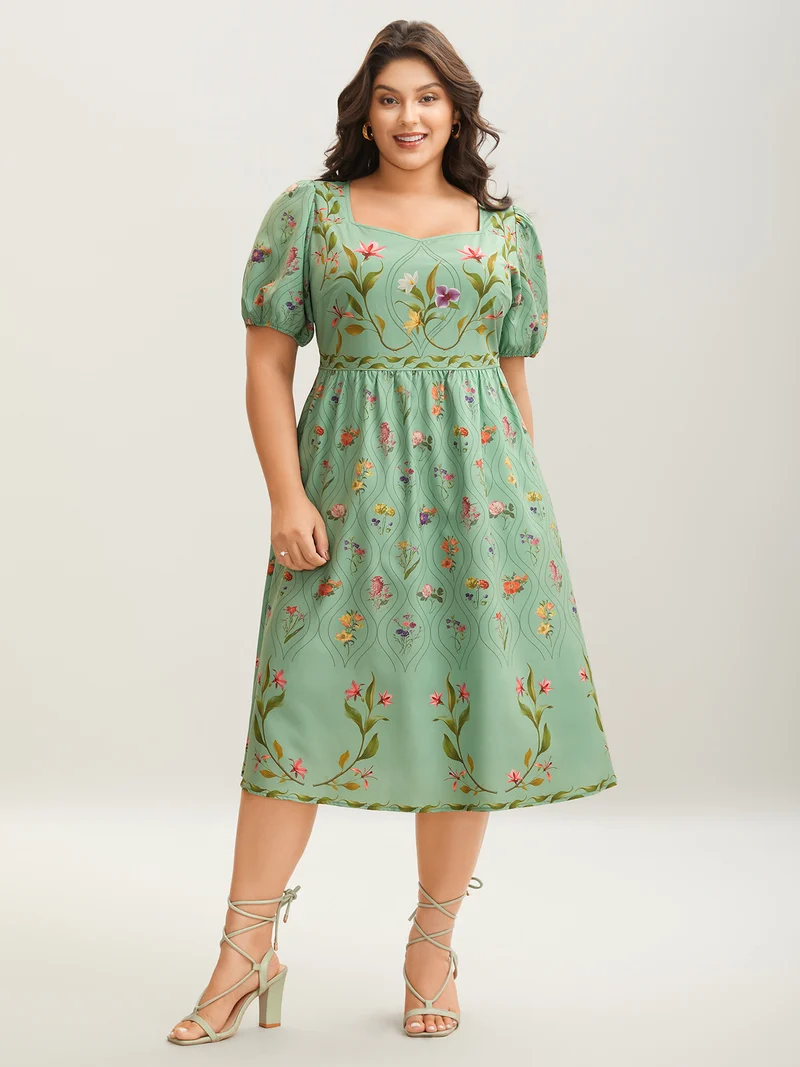 Garden Print Pockets Puff Sleeve Midi Dress