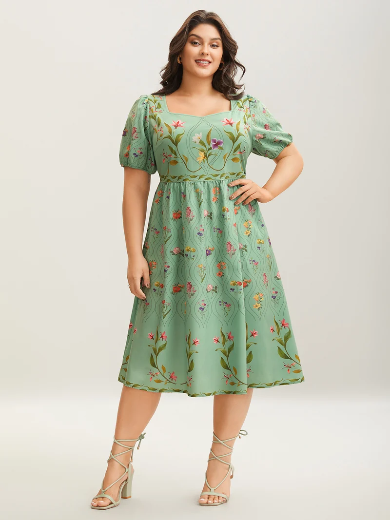 Garden Print Pockets Puff Sleeve Midi Dress