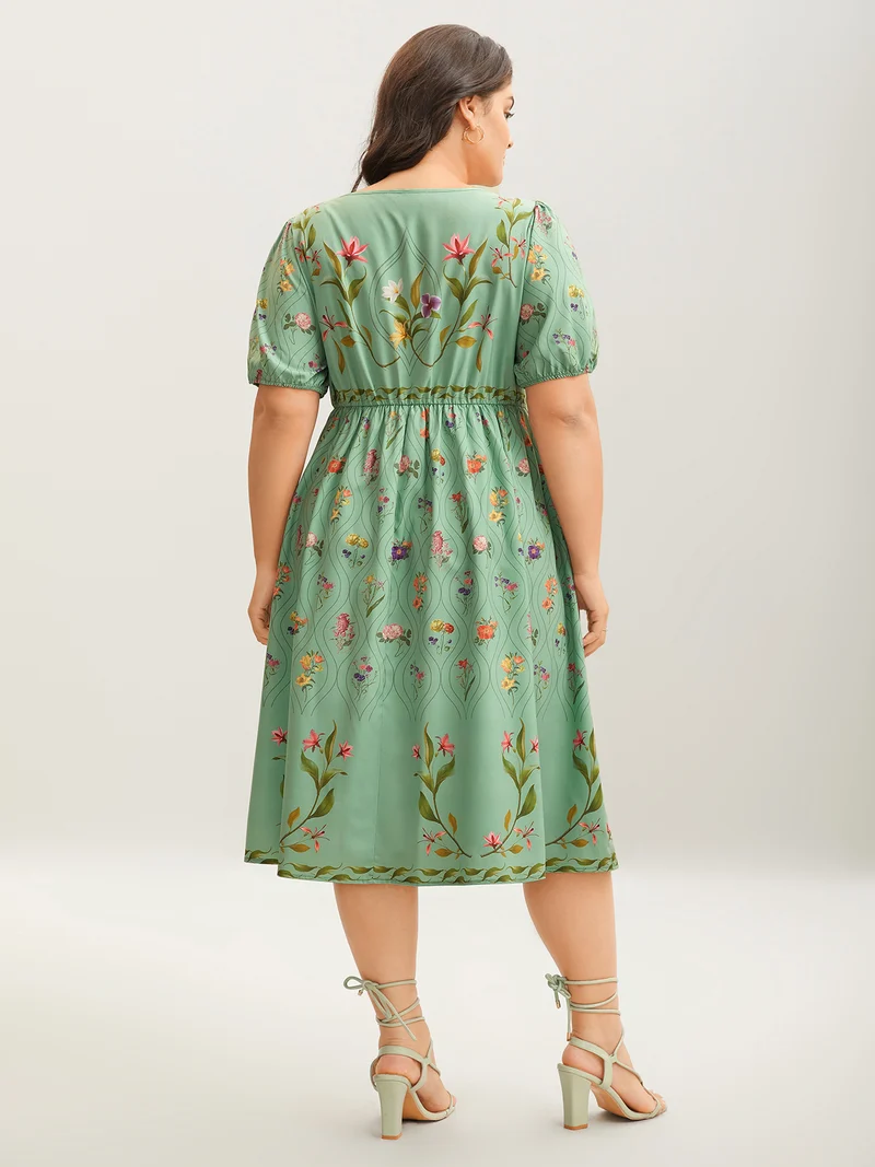 Garden Print Pockets Puff Sleeve Midi Dress