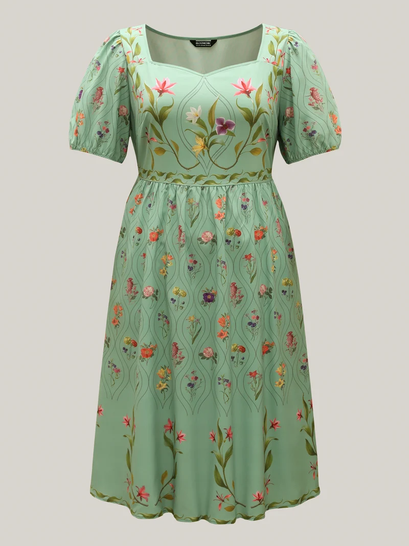 Garden Print Pockets Puff Sleeve Midi Dress