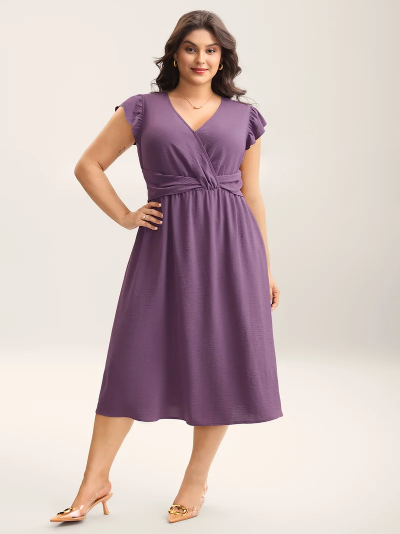 Solid Surplice Neck Pockets Midi Dress