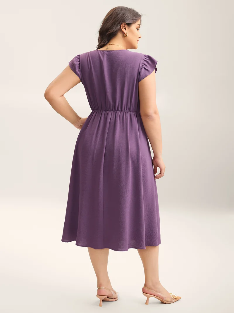 Solid Surplice Neck Pockets Midi Dress