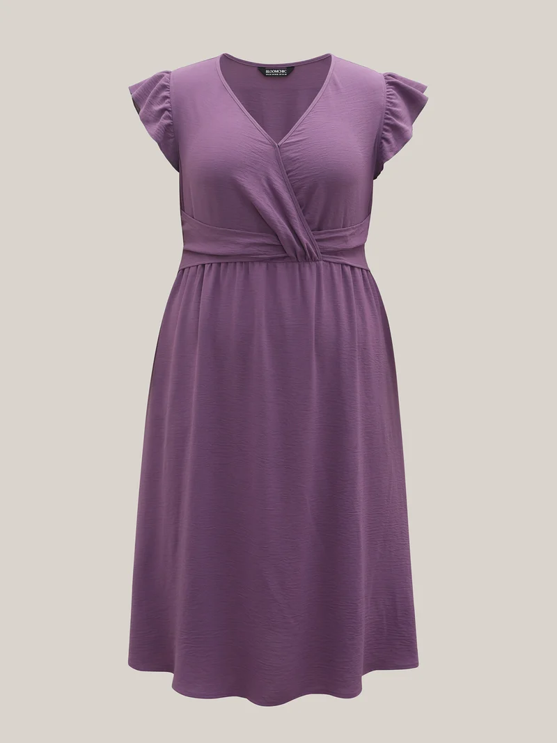 Solid Surplice Neck Pockets Midi Dress
