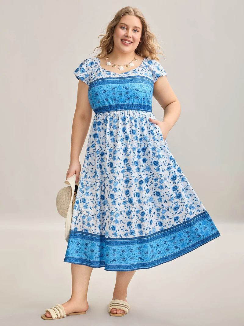 Contrast Floral Print Pockets Midi Dress