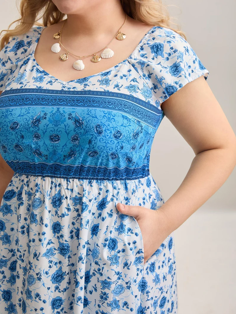 Contrast Floral Print Pockets Midi Dress