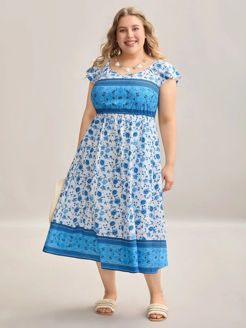 Contrast Floral Print Pockets Midi Dress