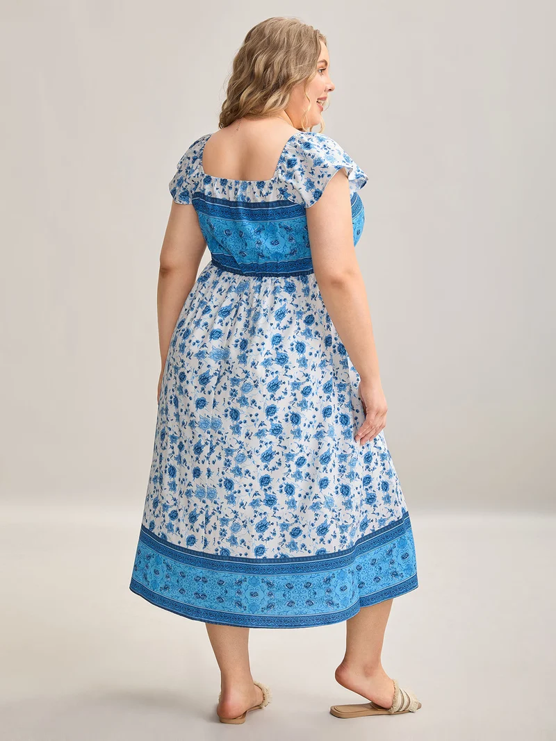 Contrast Floral Print Pockets Midi Dress