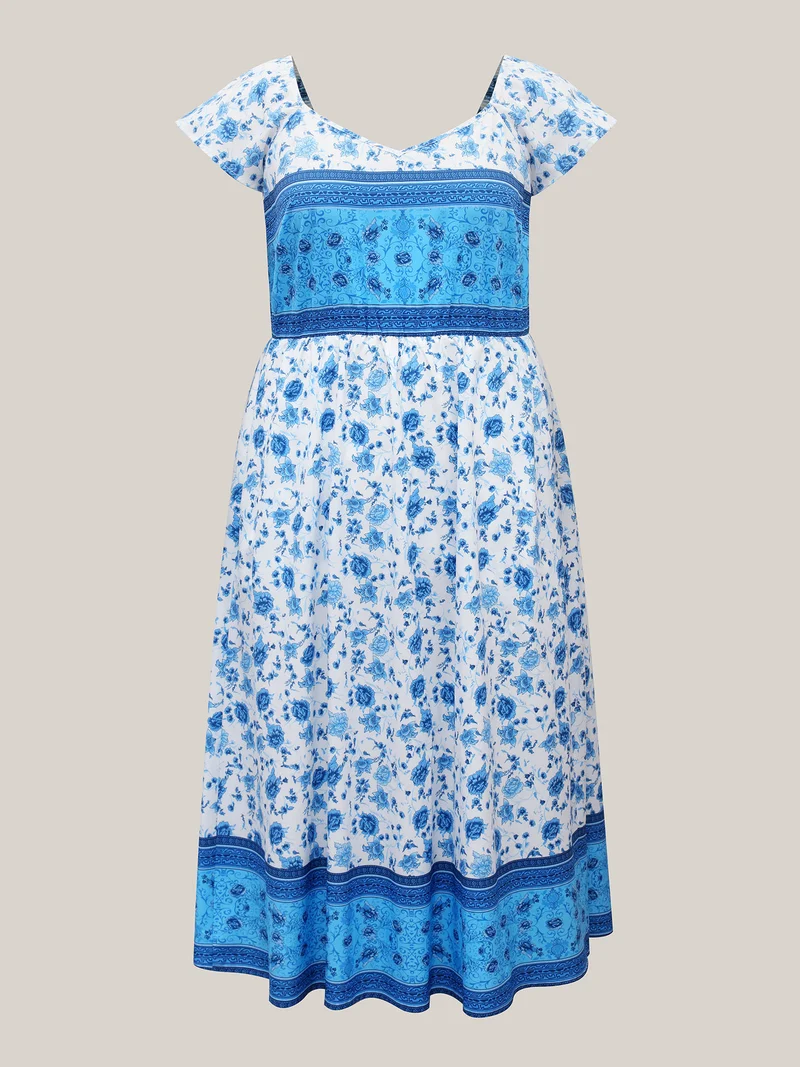 Contrast Floral Print Pockets Midi Dress
