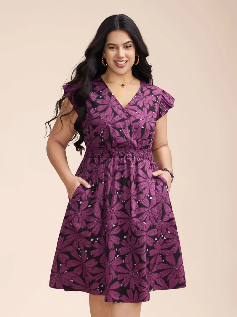 Surplice Neck Floral Shirred Elastic Waist Midi Dress