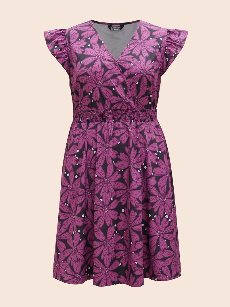 Surplice Neck Floral Shirred Elastic Waist Midi Dress