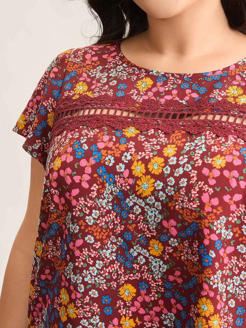 Multi-Color Floral Print Lace Spliced Blouse