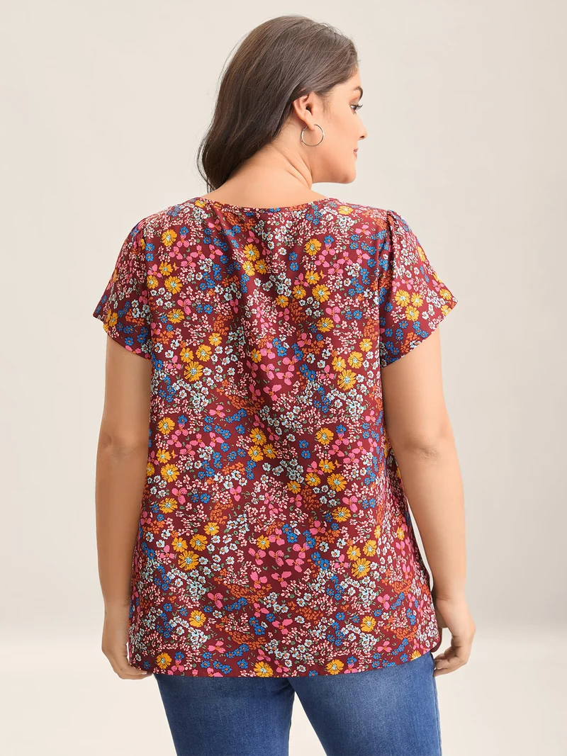 Multi-Color Floral Print Lace Spliced Blouse