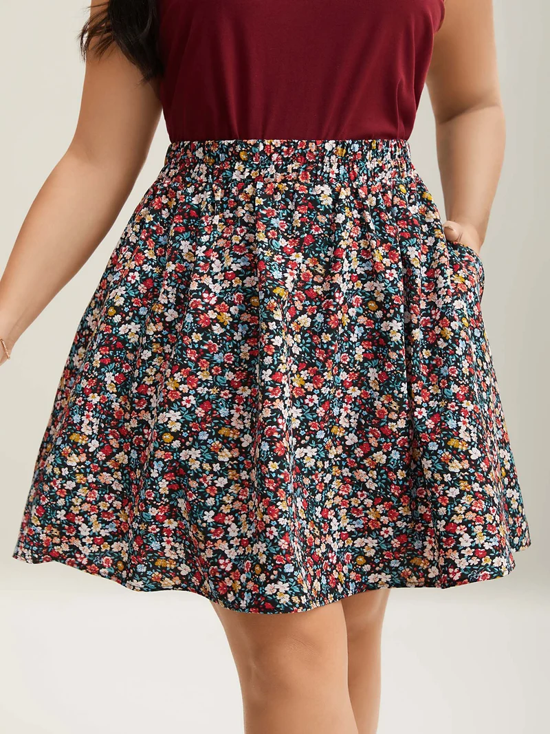 Floral Print Stretchy Smocked Waist Mini Skirt