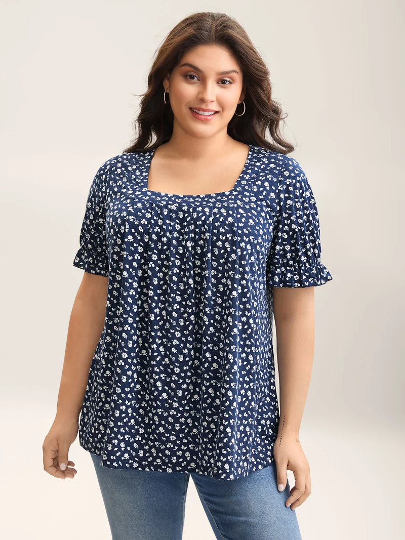 Ditsy Floral Print Square-Neck T-Shirt