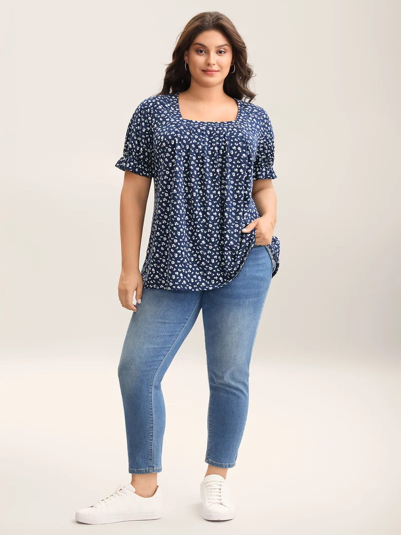 Ditsy Floral Print Square-Neck T-Shirt