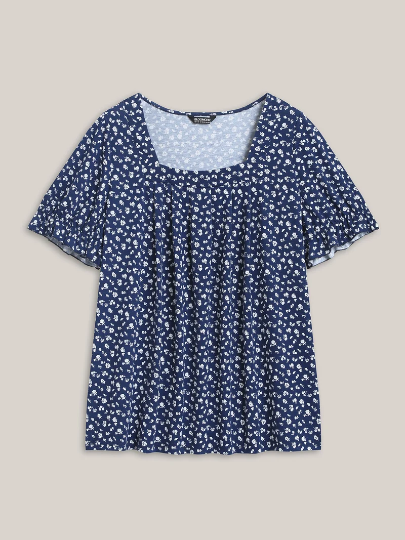 Ditsy Floral Print Square-Neck T-Shirt