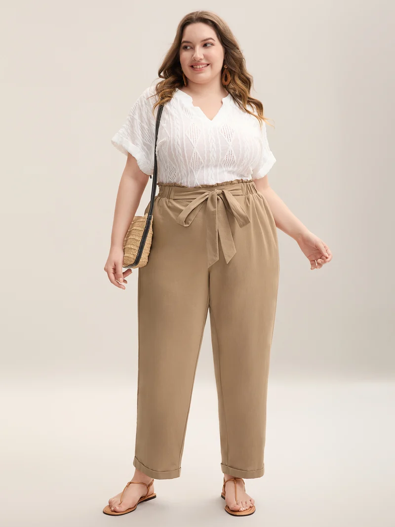 Belted Smocked Straight-Leg Pants