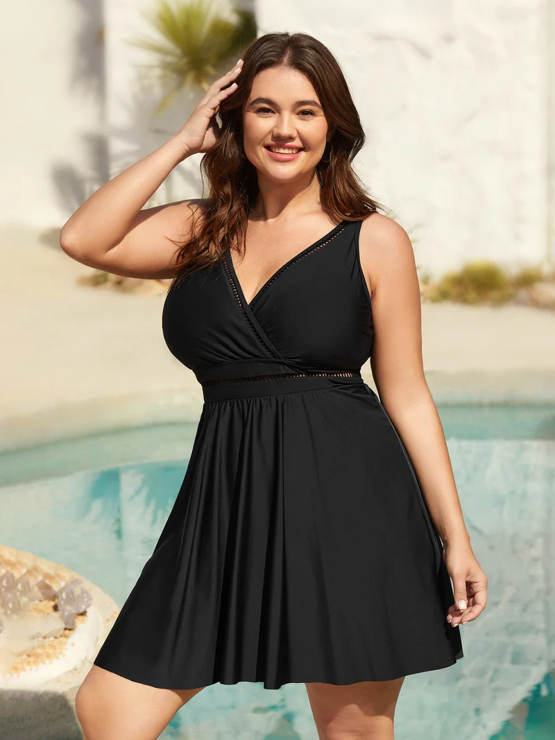 Cut-Out Surplice Neck Webbed Swim Dress