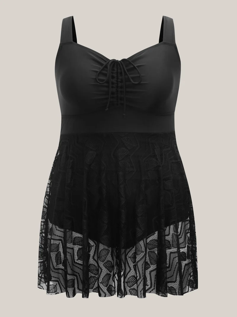 Lace Pleated Ruched Drawstring Swim Dress