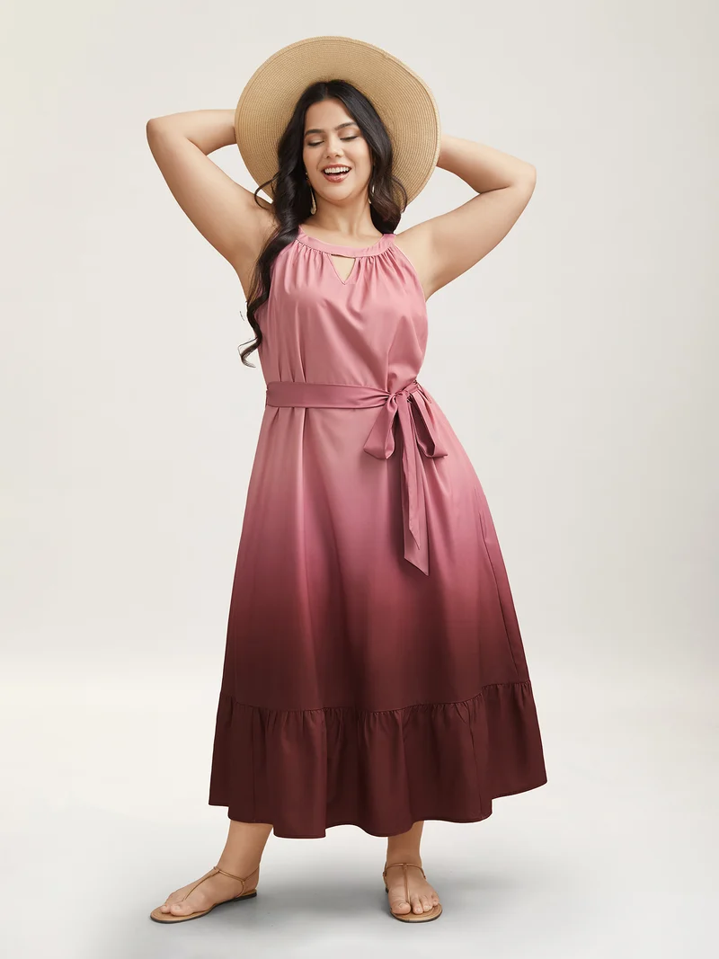 Ombre Gradient Waist-Tie Pockets Midi Dress