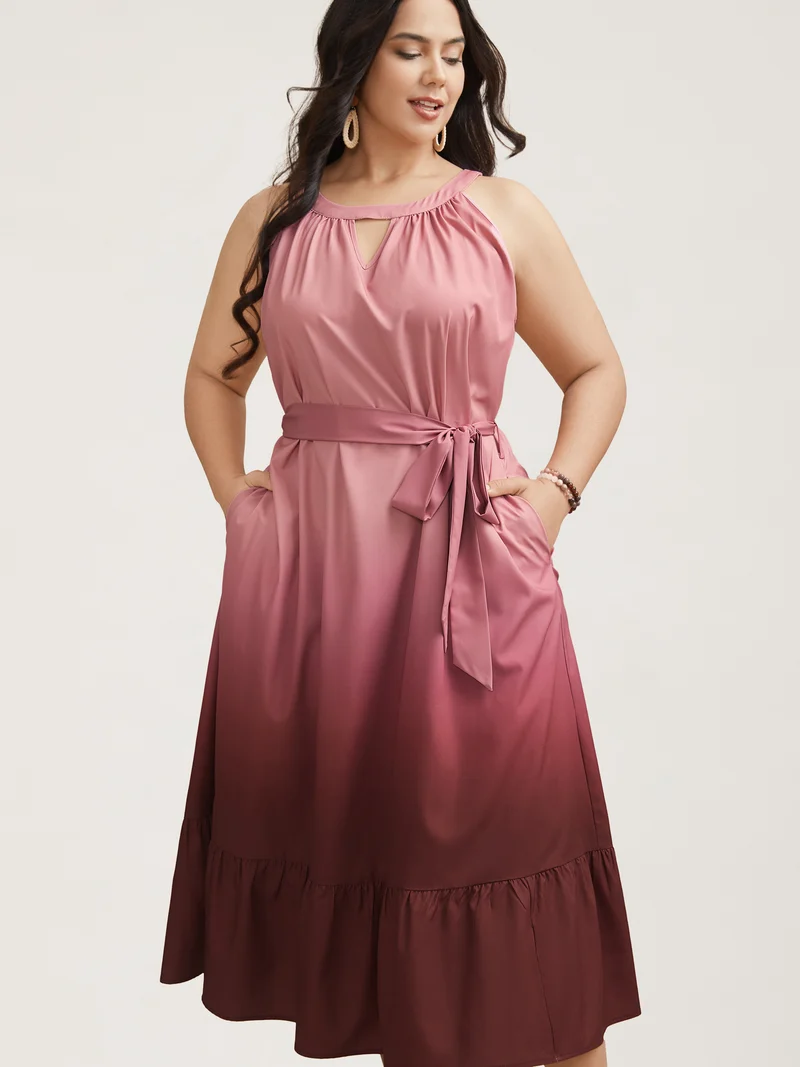 Ombre Gradient Waist-Tie Pockets Midi Dress