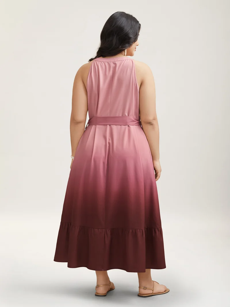 Ombre Gradient Waist-Tie Pockets Midi Dress