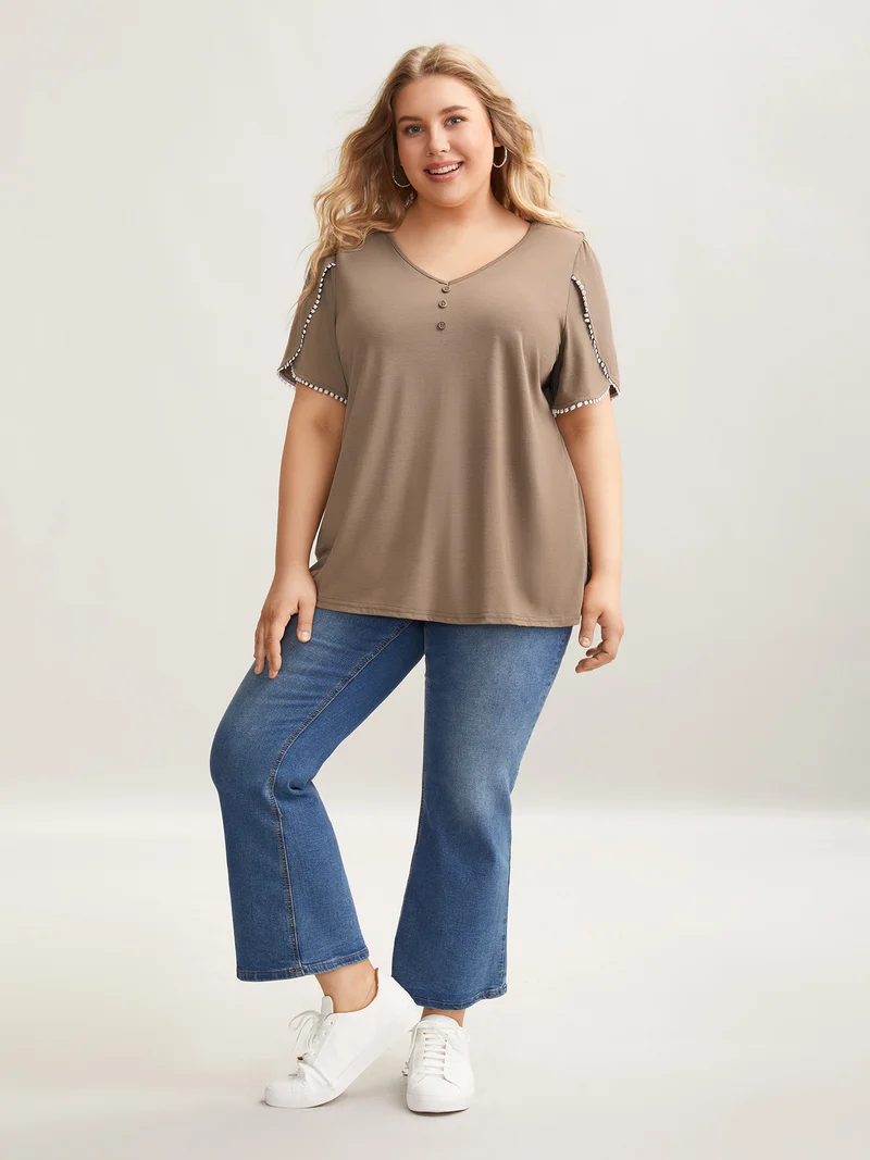 Petal Sleeve Lace Button Solid T-Shirt