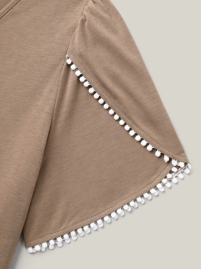 Petal Sleeve Lace Button Solid T-Shirt