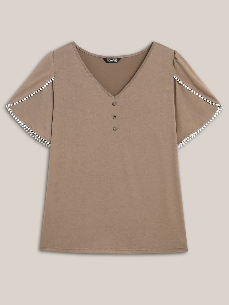 Petal Sleeve Lace Button Solid T-Shirt