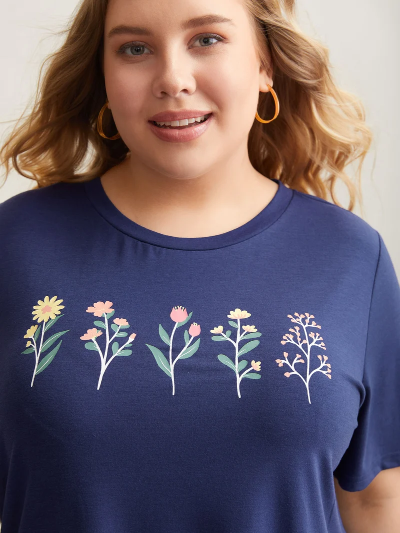 Plants Print Stretchy Crew Neck T-Shirt