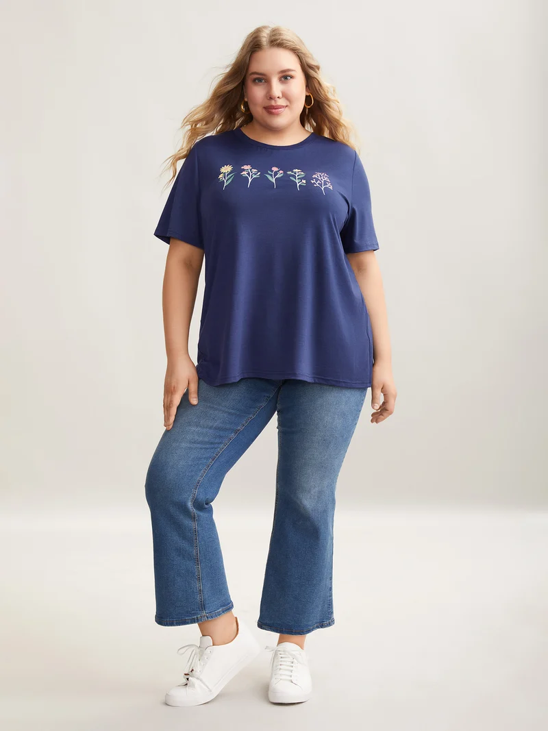 Plants Print Stretchy Crew Neck T-Shirt