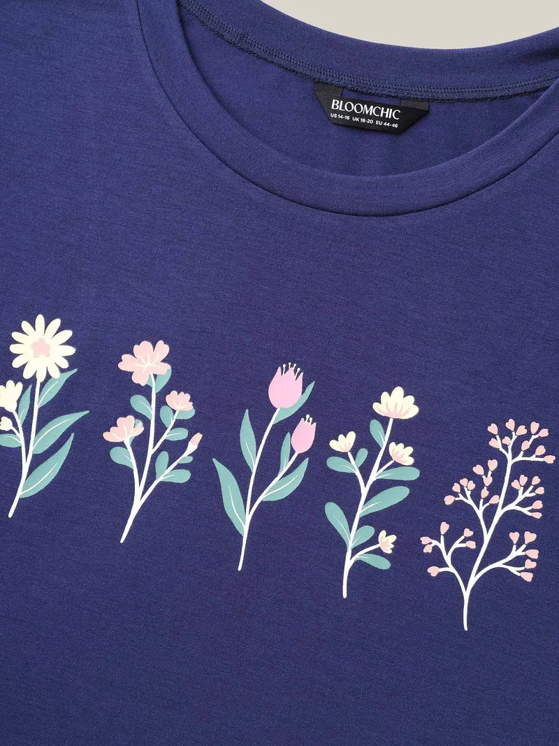 Plants Print Stretchy Crew Neck T-Shirt