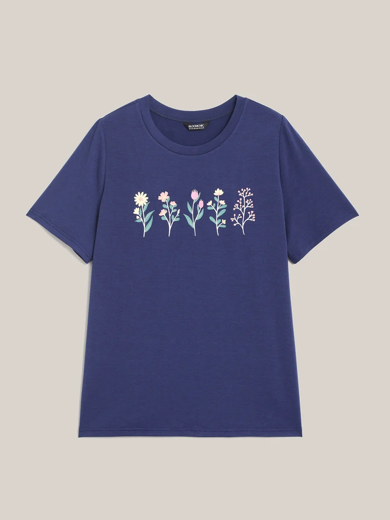 Plants Print Stretchy Crew Neck T-Shirt
