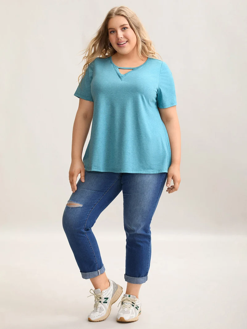 Heathered Split Neck Curvy-Fit T-Shirt