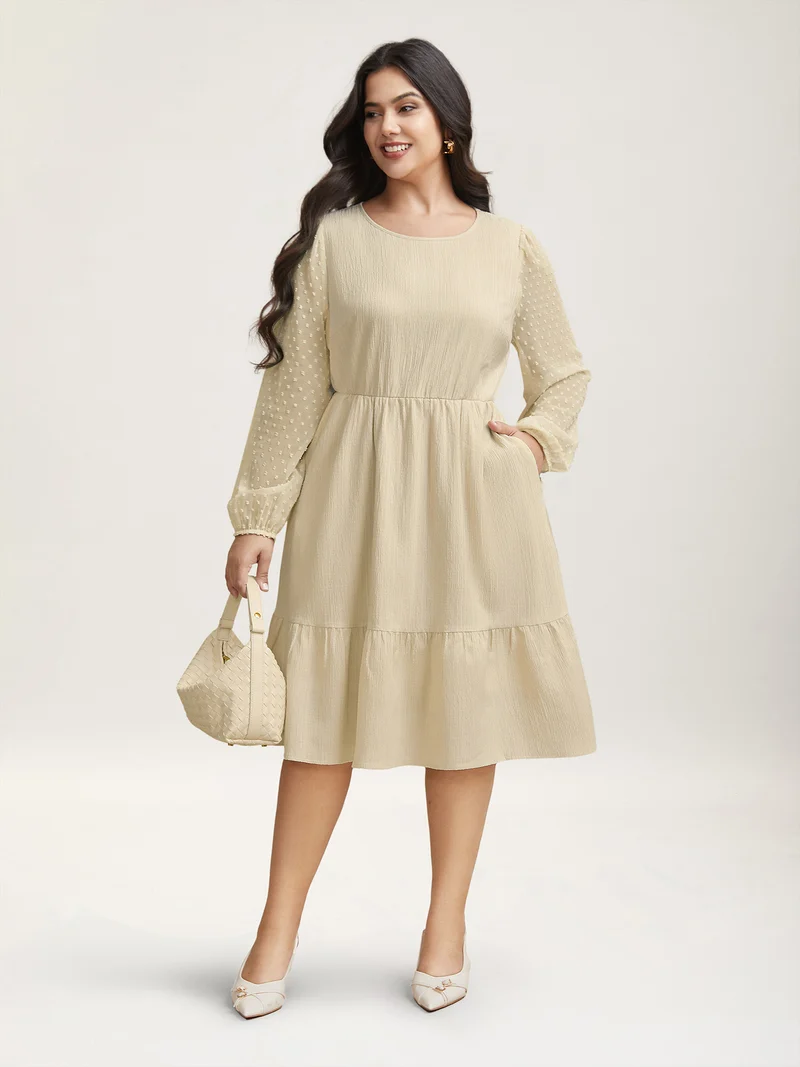 Textured Stretchy-Waist Tiered Midi Dress