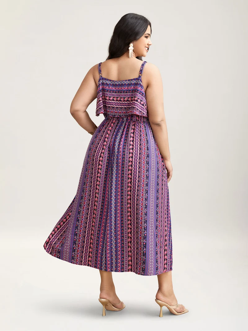 Boho Print Stretchy Waist Pockets Midi Dress