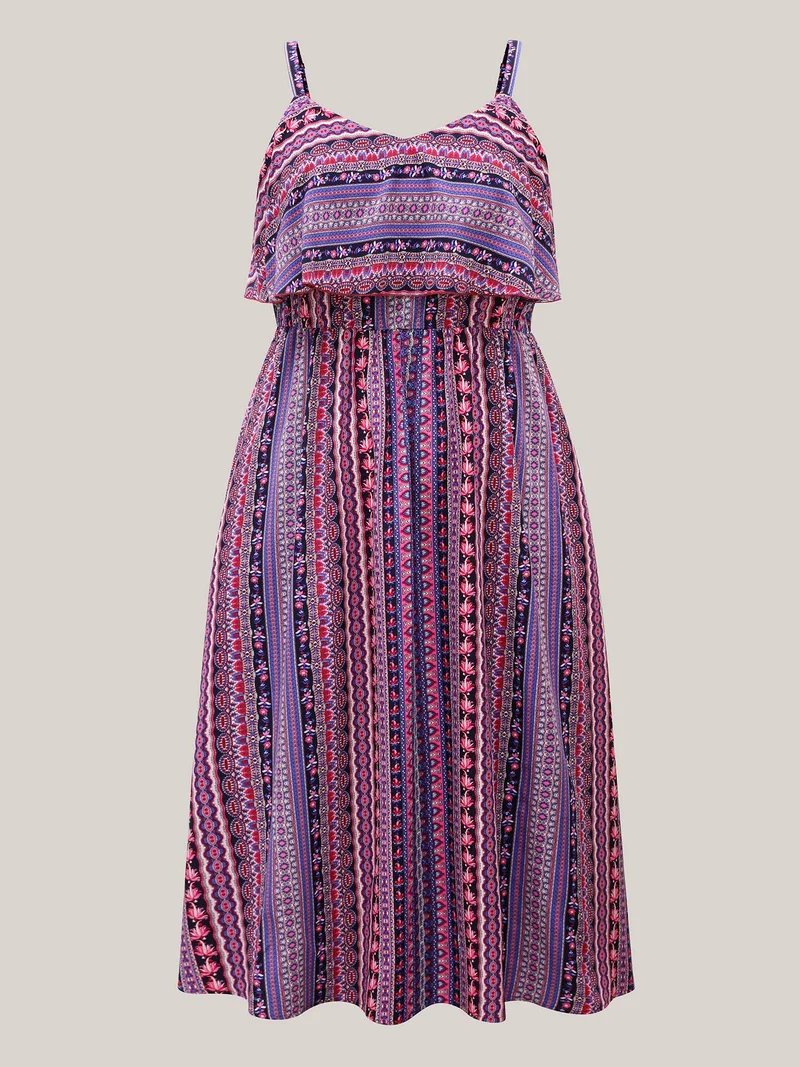 Boho Print Stretchy Waist Pockets Midi Dress