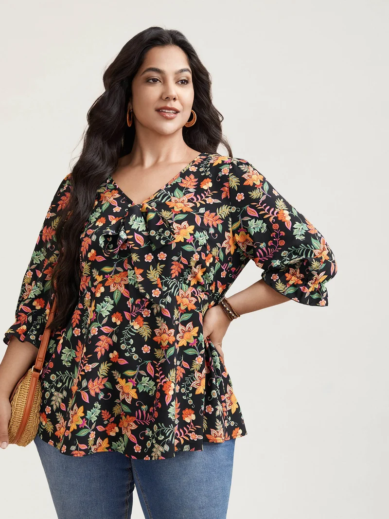 Floral Print Knotted Neckline Flared Shirt