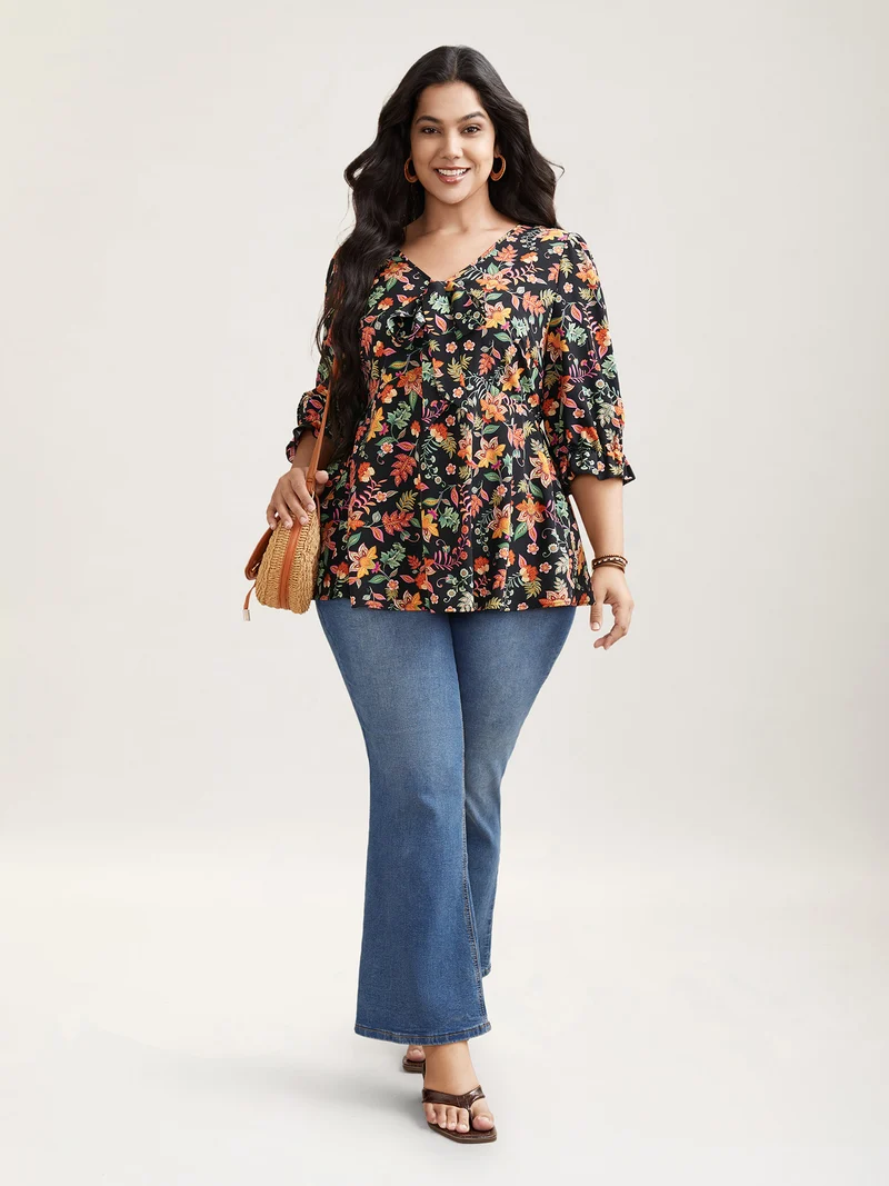 Floral Print Knotted Neckline Flared Shirt