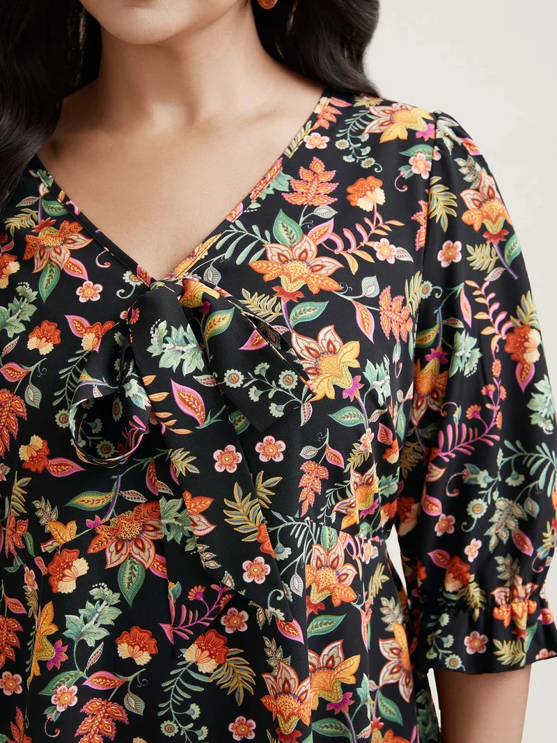 Floral Print Knotted Neckline Flared Shirt
