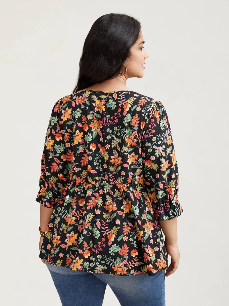 Floral Print Knotted Neckline Flared Shirt