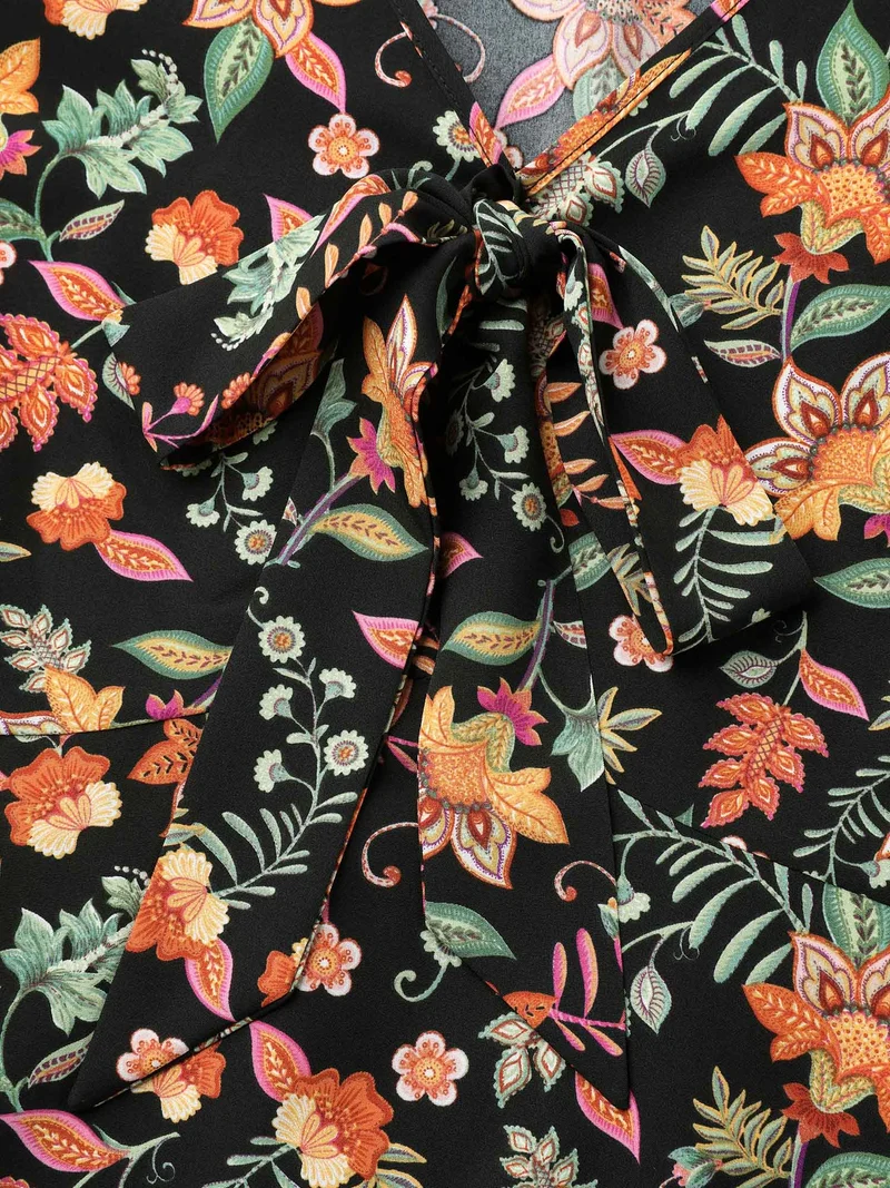 Floral Print Knotted Neckline Flared Shirt