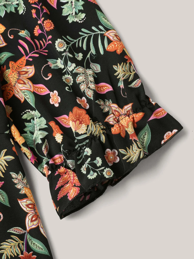 Floral Print Knotted Neckline Flared Shirt